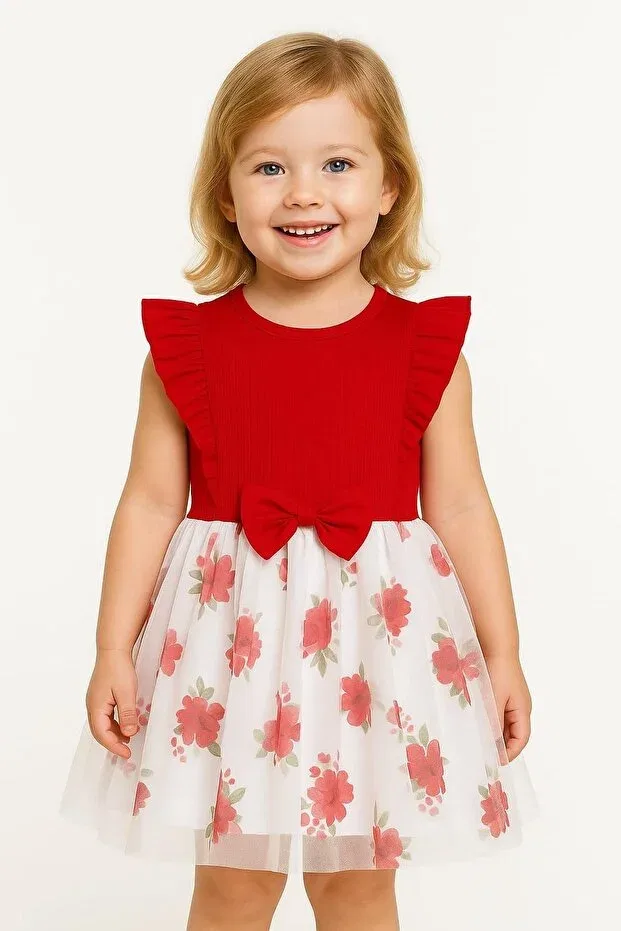 Детское платье для девочек с принтом Floral patterned baby girl dress with bow sleeveless tutu skirt - princess birthday Dinamik Çocuk, Red