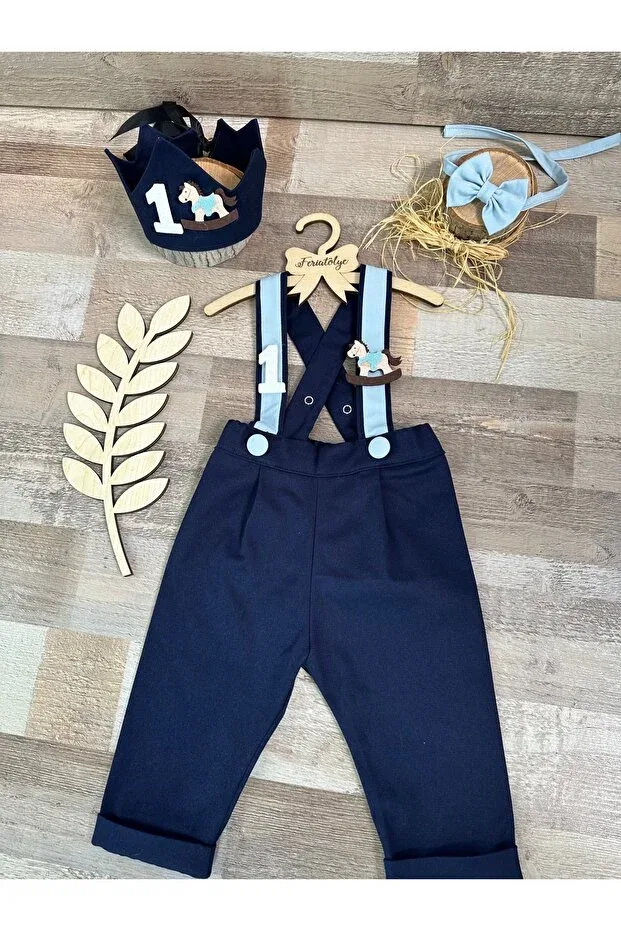 Детский комбинезон для мальчиков с принтом Handmade carousel concept navy blue baby boy 1 year old crown pants salopet bow tie set Feriatolye, Navy Blue