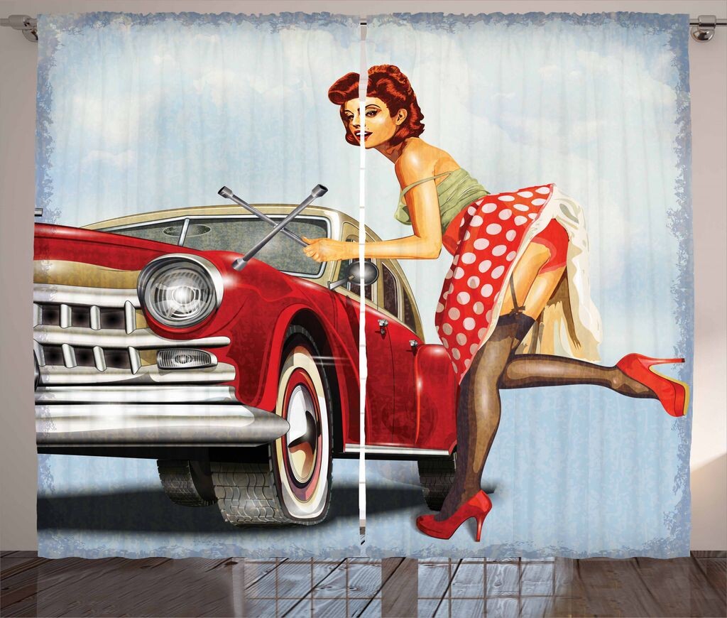 

ABAKUHAUS Занавеска в деревенском стиле Pin up Girl, «Женщина для ремонта автомобиля», Универсальные ленточные шторы для гостиной с петлями и крючками, 280 x 245 см, Разноцветные