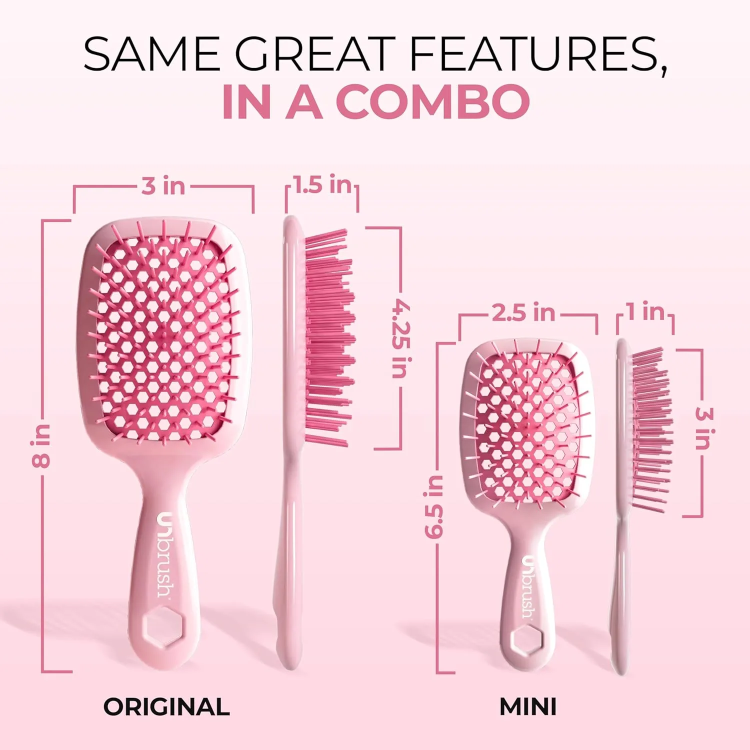 FHI Heat UNbrush Detangling Brush Combo Pack - оригинальная и мини UNbrush для всех типов влажных и сухих волос - DuoFlex антистатическая щетка, вентилируемая расческа для безболезненной укладки, Peony Light Pink — фото 4