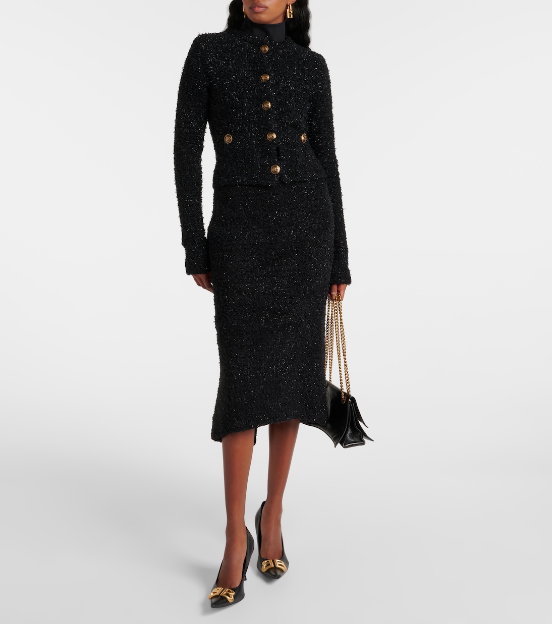 Укороченный кардиган из твида с добавлением хлопка Balenciaga, черный — фото 2