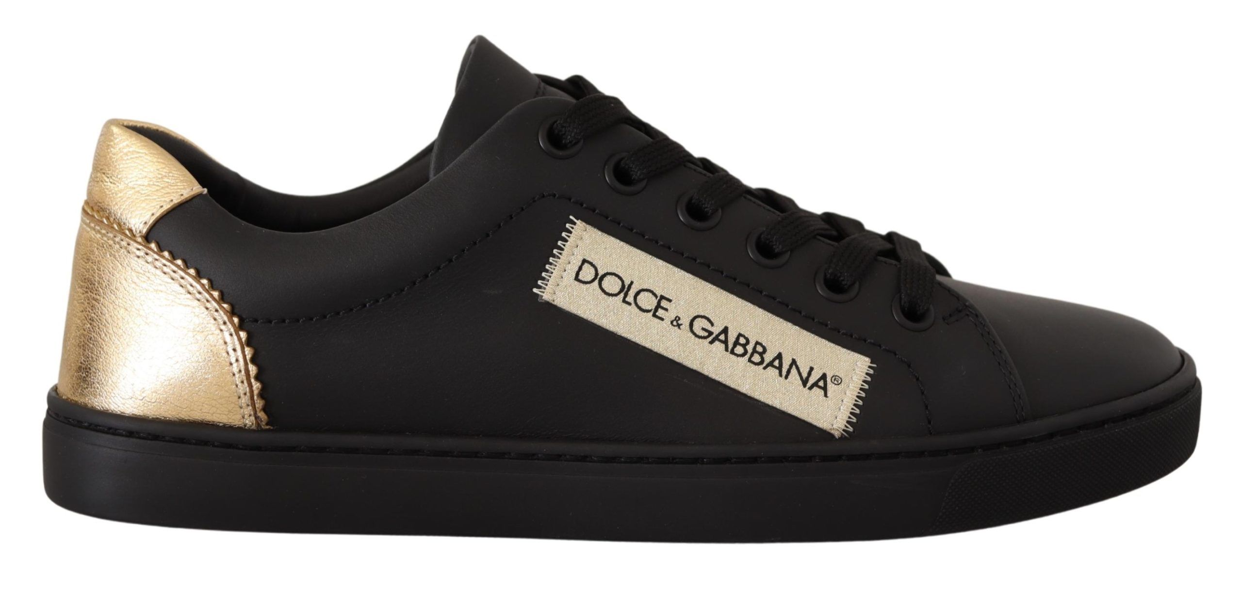 Шикарные низкие кожаные кроссовки черного и золотого цвета Dolce & Gabbana