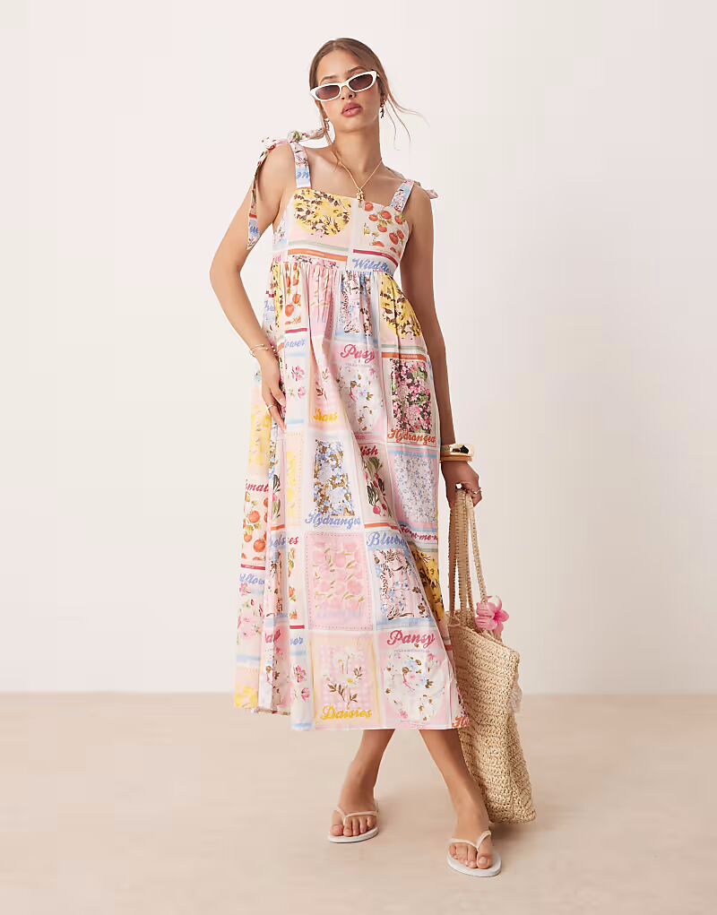 

Платье Miss Selfridge tie shoulder postcard print maxi