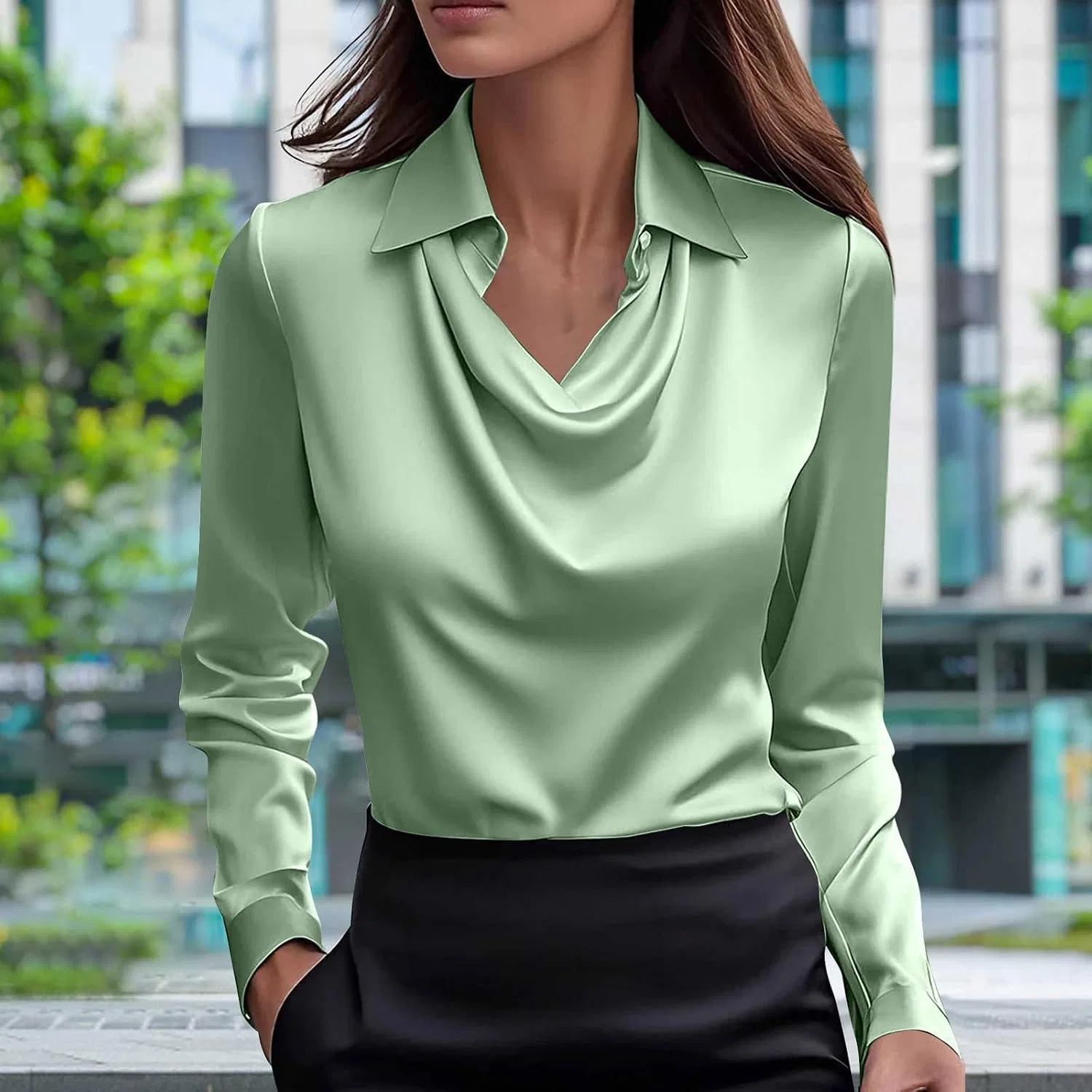 Женская блуза с воротником-капюшоном и драпировкой из сатина Pelang, D-mint Green — фото 2