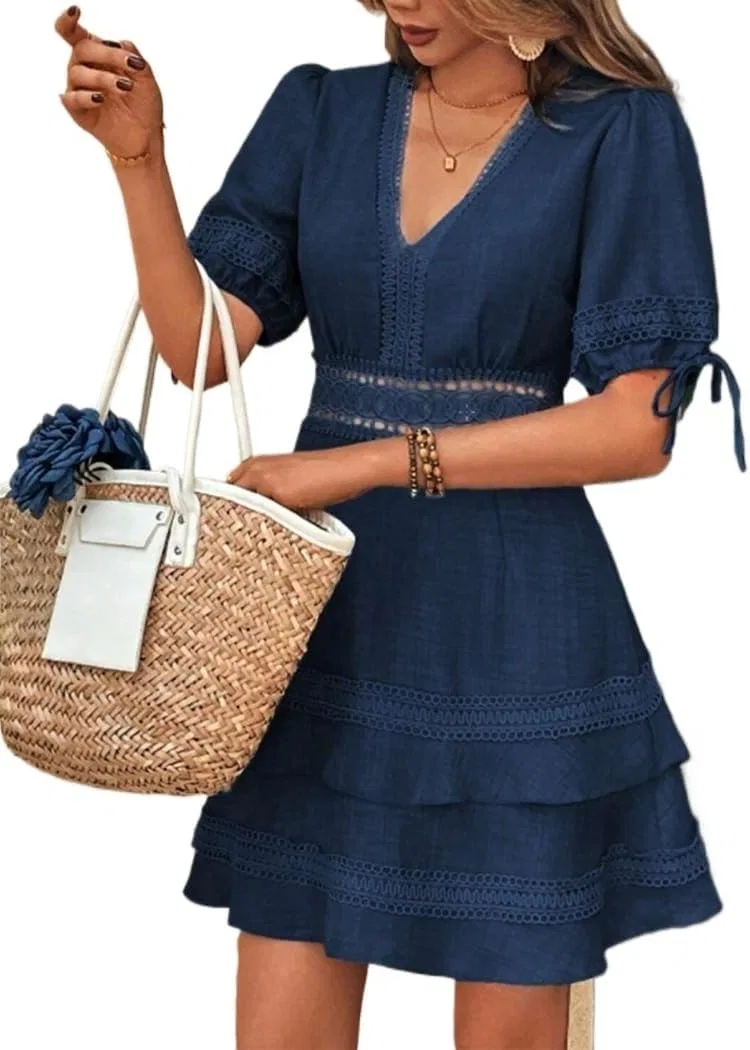 Женское повседневное платье A-силуэта с кружевом и пышными рукавами, Navy Blue