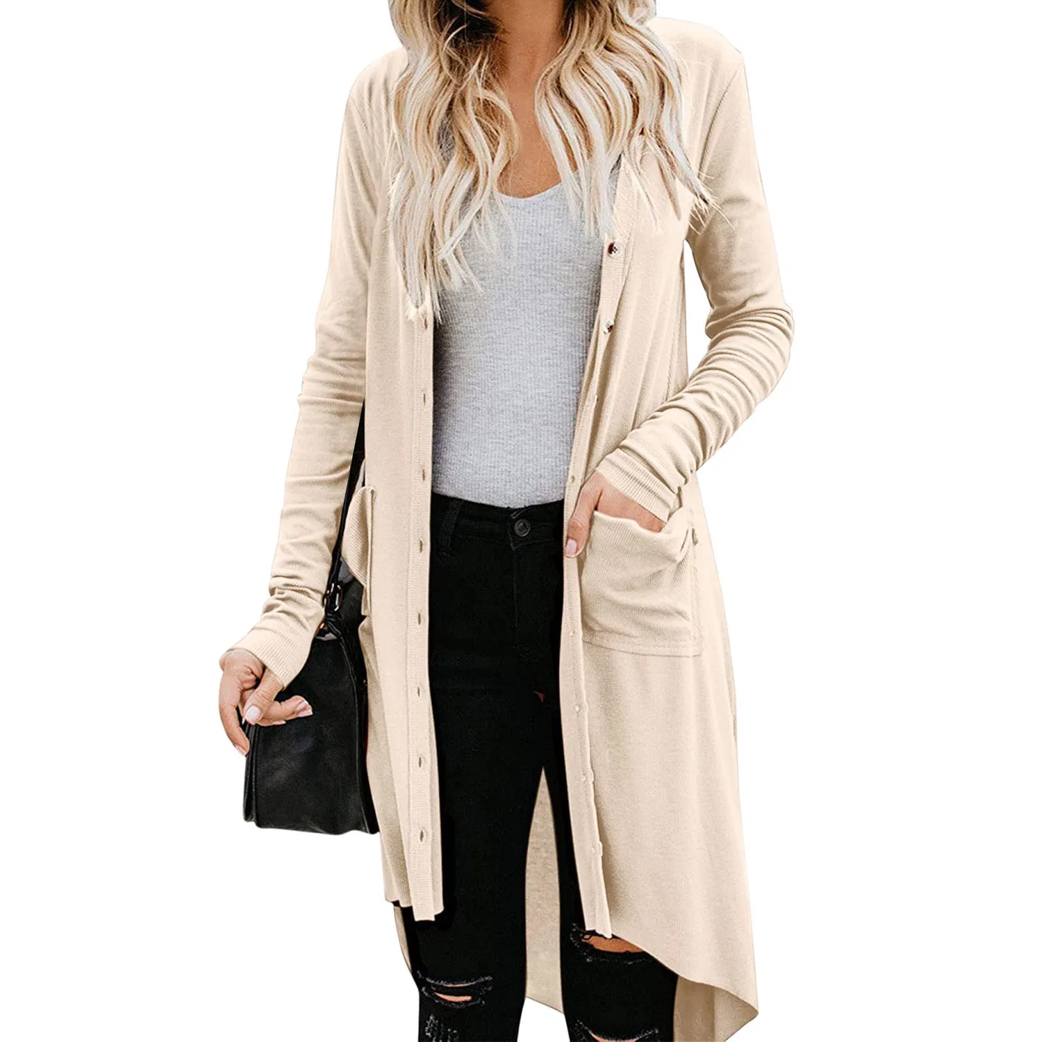 Женский кардиган крупной вязки с V-образным вырезом и длинным рукавом, Beige