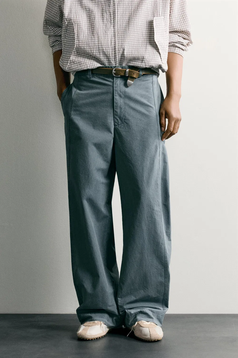 Выстиранные брюки свободного кроя с застежками. ZARA, Blue green — фото 2