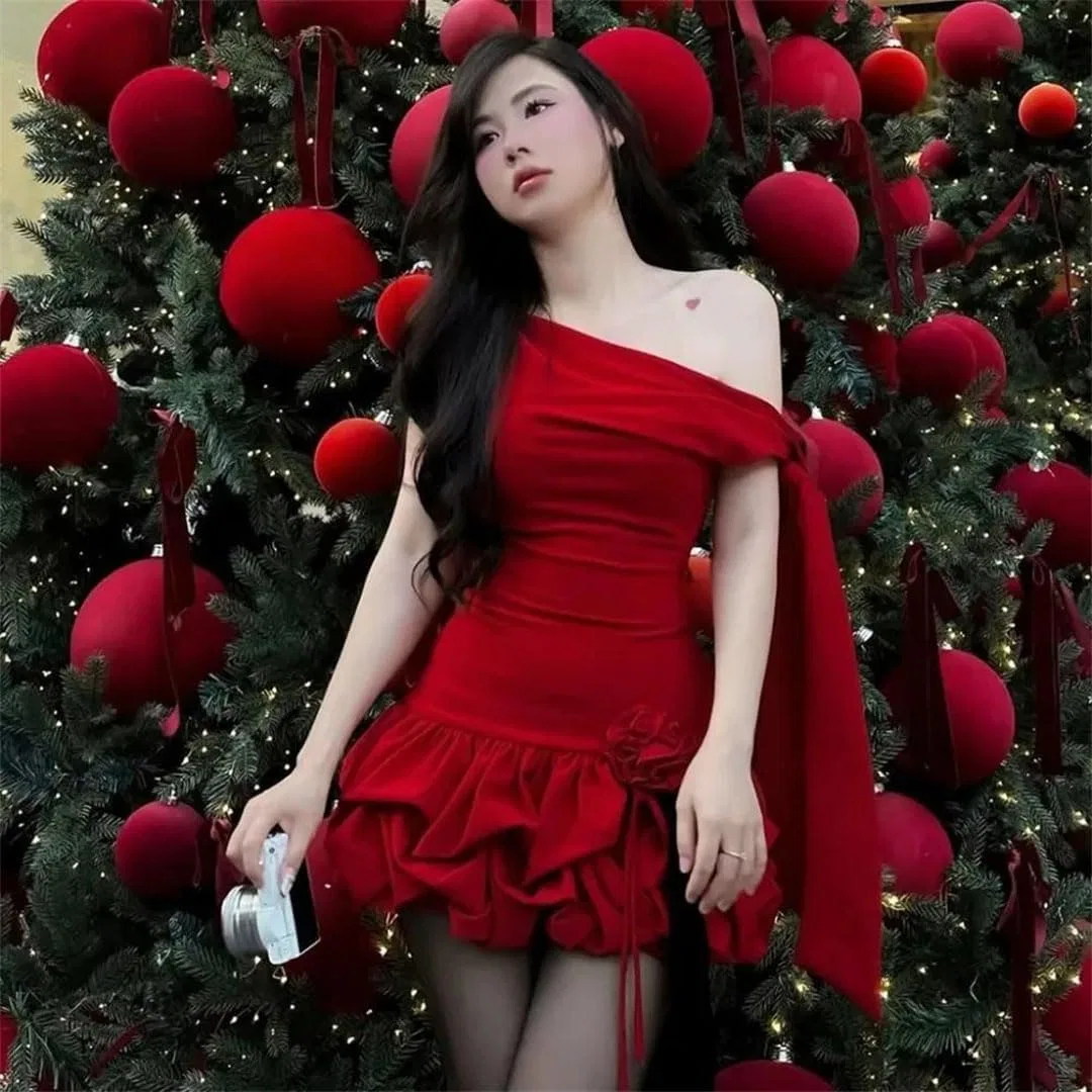 Женское асимметричное мини-платье с открытыми плечами Generic, Red — фото 4