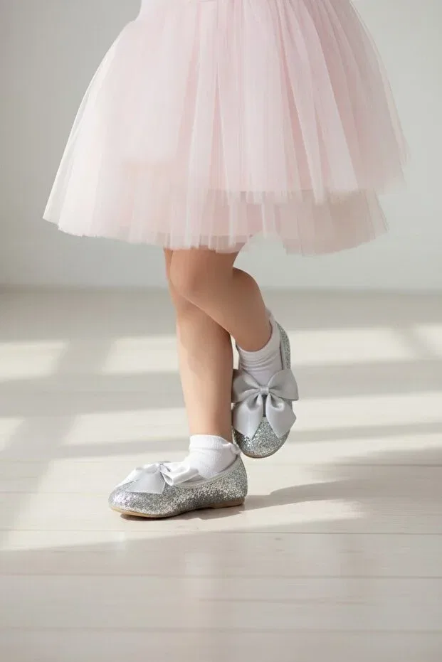 Детские балетки для девочек с бантом Patik Bebe, Silver — фото 4