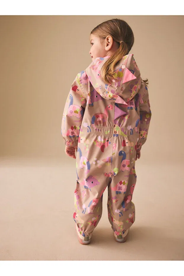 Детский комбинезон для новорожденных с принтом Dinosaur patterned fleece lined raincoat astronaut jumpsuit Next Baby, Light Mink — фото 2