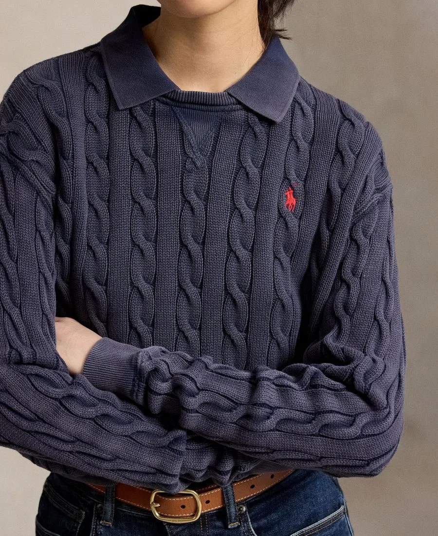Свитер женский из хлопка с косами, модель Cable-Knit Cotton Polo Sweater Polo Ralph Lauren, Hunter Navy — фото 3