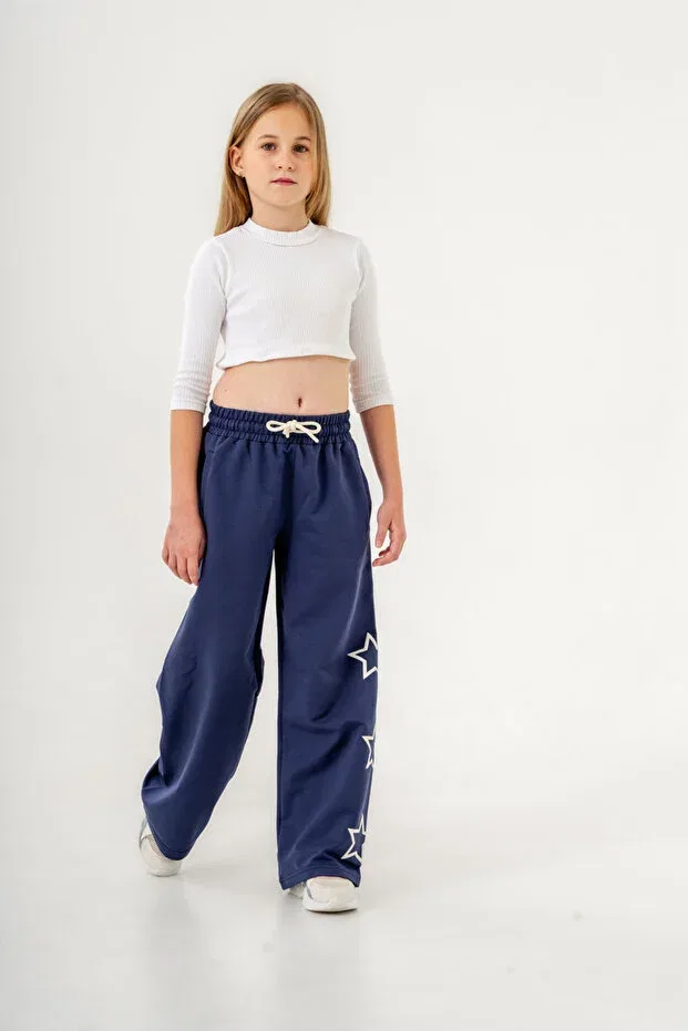 Детские спортивные штаны для девочек с принтом Bacak Yıldız Mışıl Kids, Navy Blue