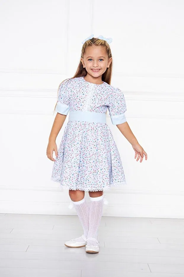 Детское платье для девочек хлопковое Blue Floral Patterned Scalloped Moda Lippa, Blue — фото 4