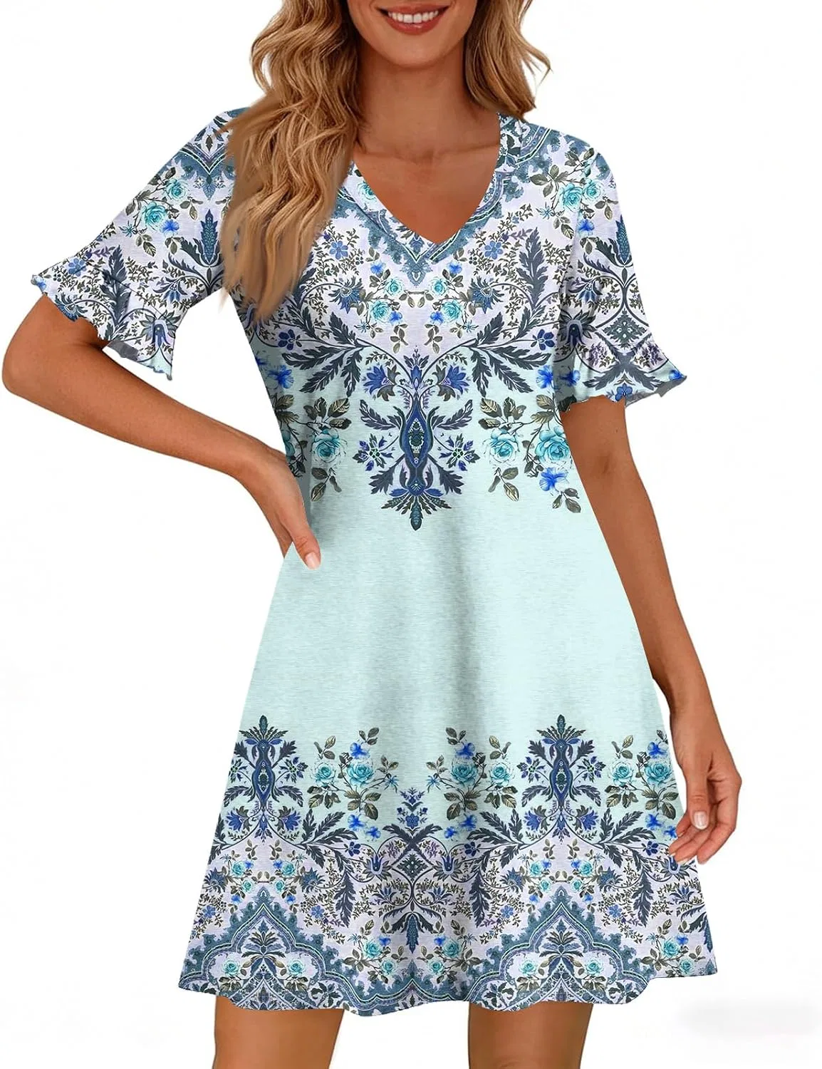 Женское летнее платье с воланами и карманами A-line V-neck, Sky Blue — фото 4