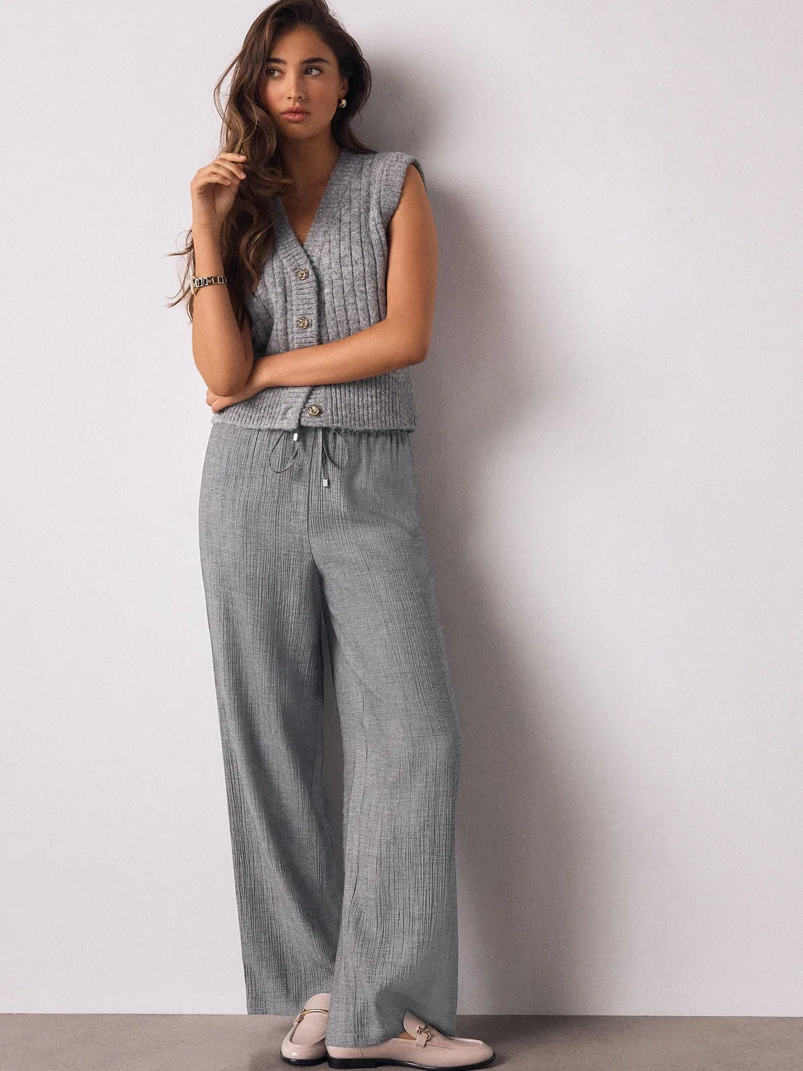 Брюки широкие с завязками и шерстью, модель Tie Waist Wide Leg Next, серый