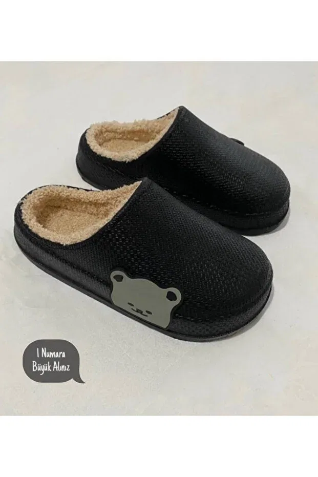 Детские тапочки с принтом Teddy Bear Patterned Comfortable Soft Fur Inside House Slippers Guest Slippers Dowry Garden Children's Slippers Modaqueen, Черный