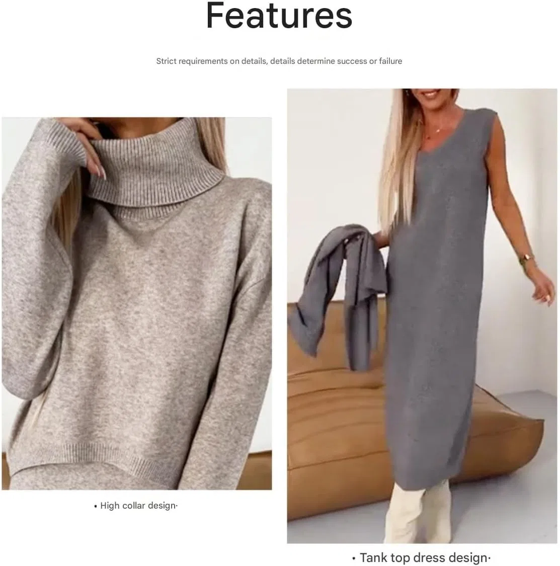 Женский комплект из свитера с водолазкой и миди-платья Ribbed Long Sleeve, Gray — фото 2