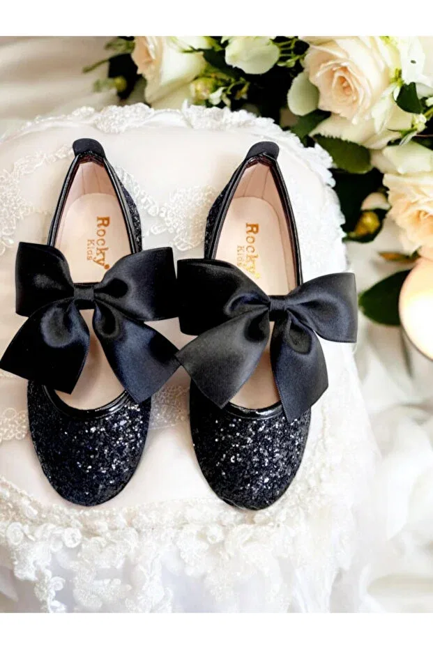 Детские балетки для девочек с принтом Patik Bebe, Black Glitter — фото 2