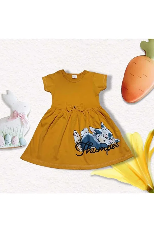 Детское платье для девочек с принтом Rabbit Printed Cotton Combed Dress For Girl Neocotton, Mustard