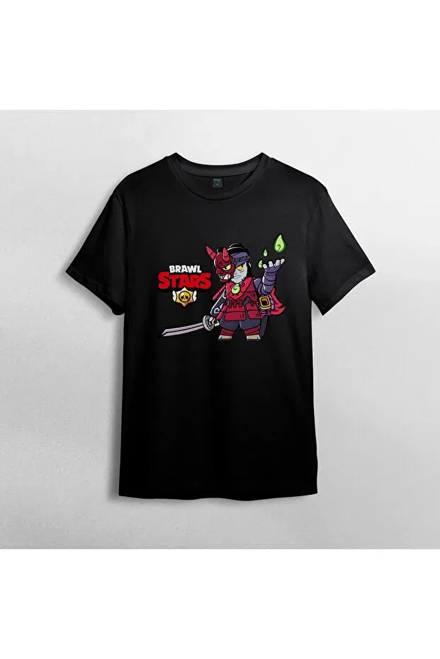 Детская хлопковое футболка с принтом Brawl stars cursed kenji Pixxa, Black — фото 2