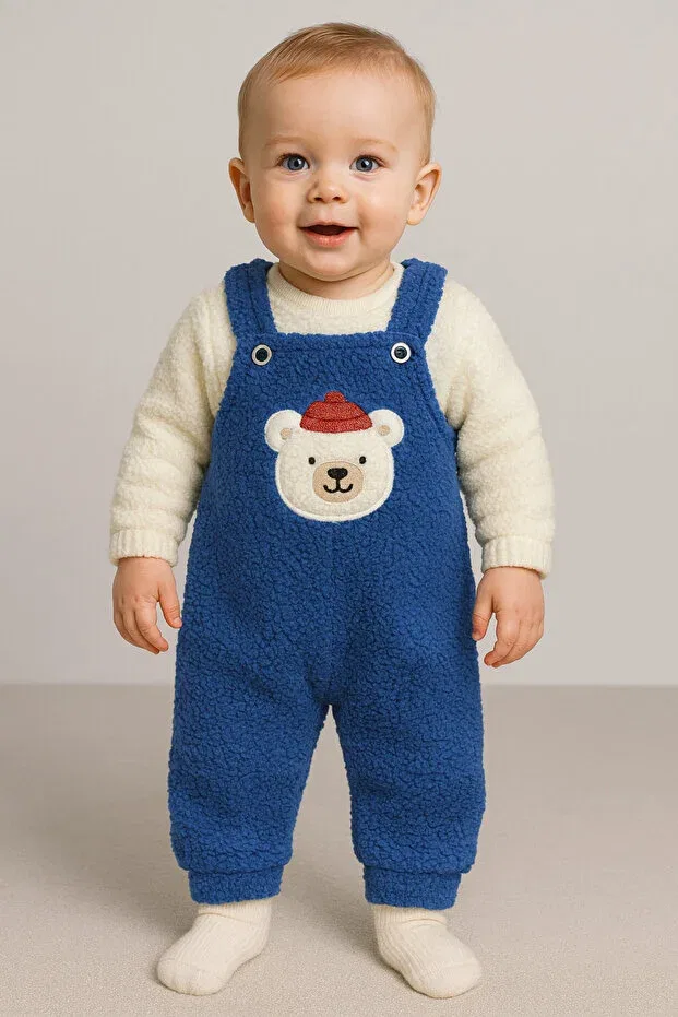 Детский комбинезон для девочек с длинным рукавом Bear Embroidered Winter Plush Welsoft Baby Romper Bubito, Blue