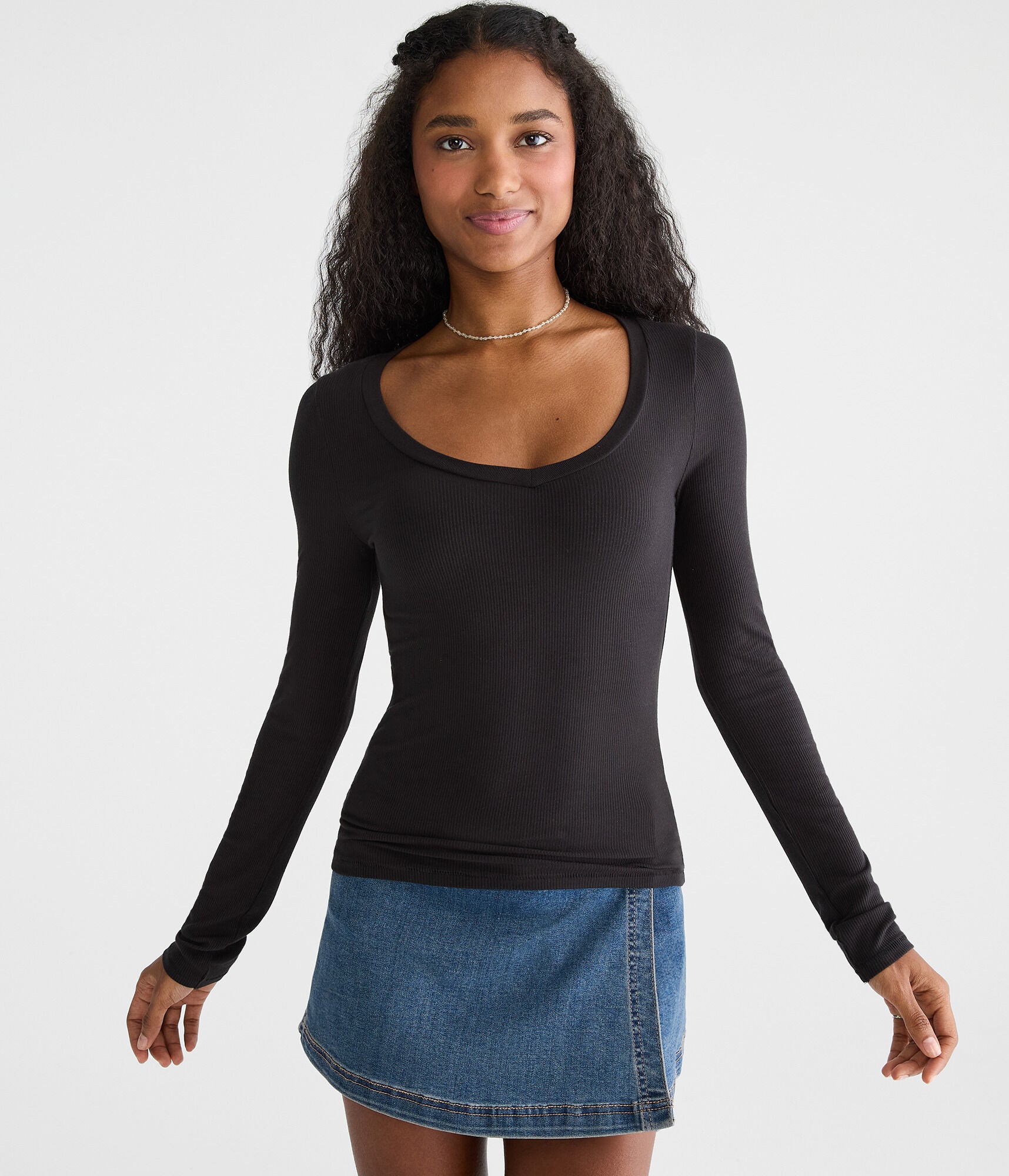 

Aeropostale Длинный рукав Серьезно Мягкая ребристая V-образный вырез детская футболка, черный