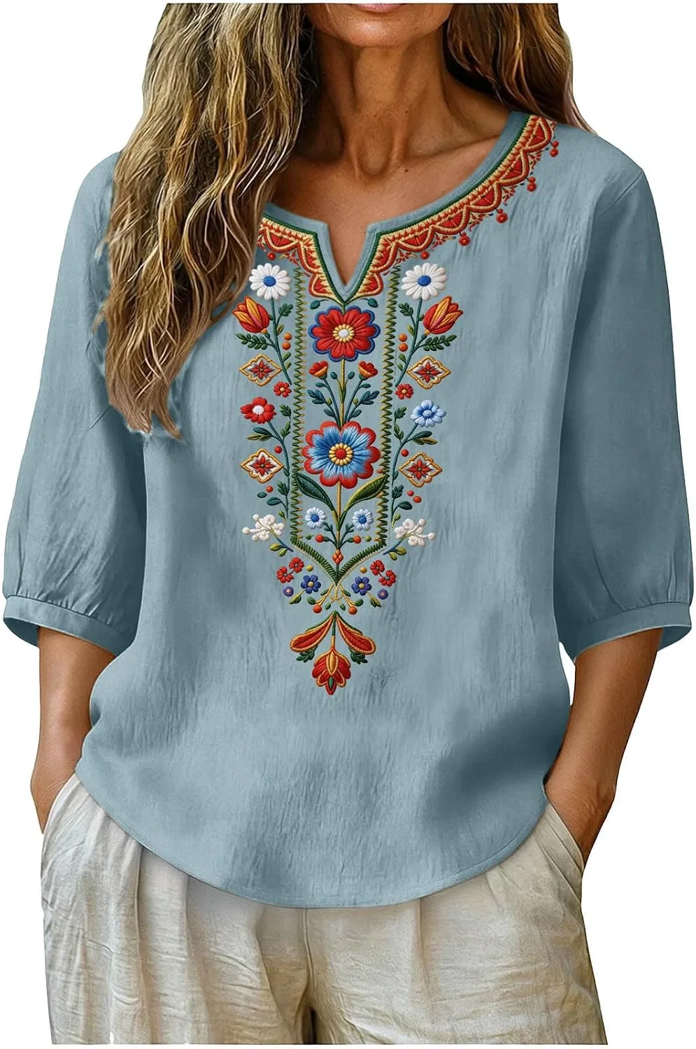 Женская туника с коротким рукавом, льняная, A-634 Light Royal Blue