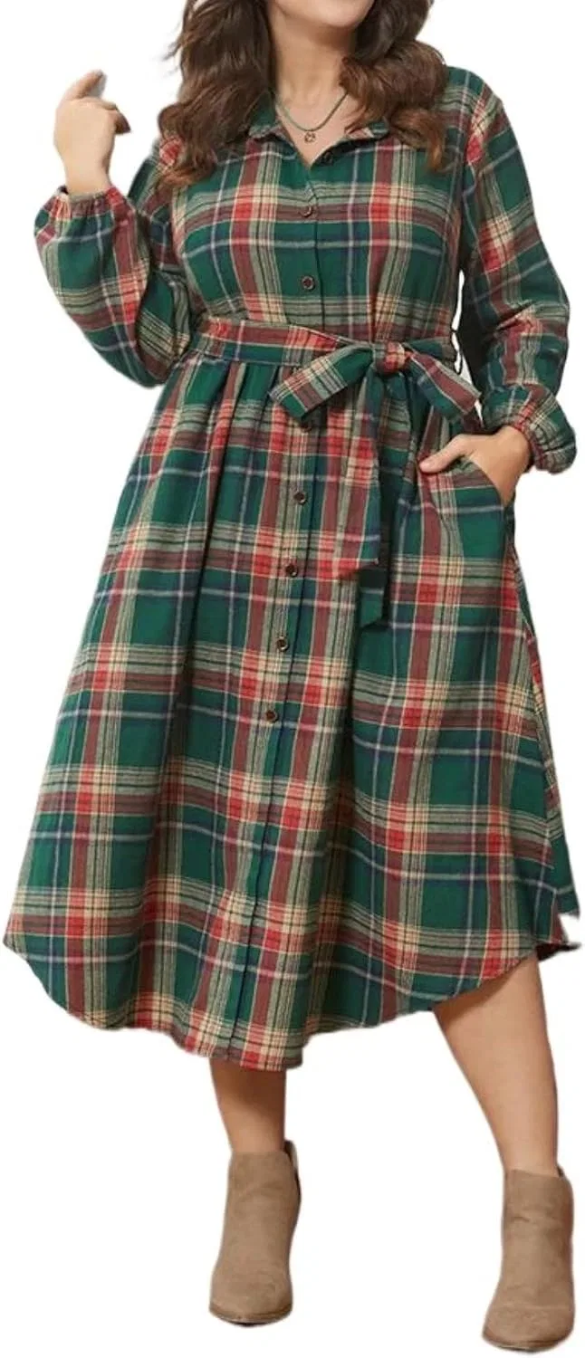 Женское платье миди в клетку с пуговицами, Green Plaid
