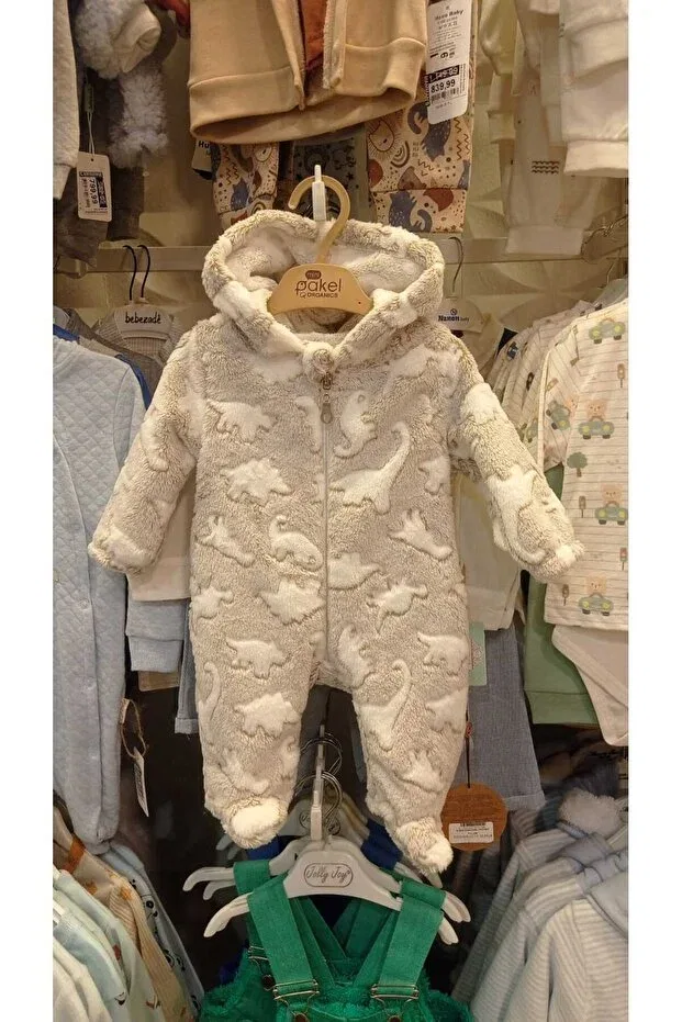 Детский комбинезон с принтом Dino pattern winter, thick welsoft plush, hooded, unisex baby girl and boy jumpsuit with zippered booties Mamman'S, Beige — фото 2