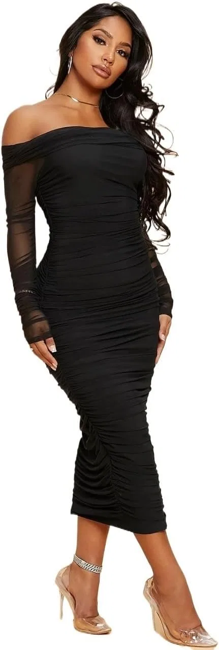 Женское офф-шолдер платье с рюшами Bodycon, Black