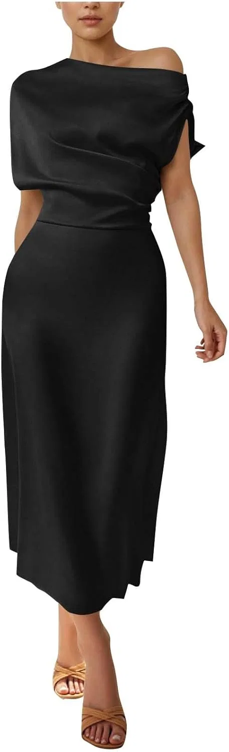 Женское сатиновое платье-макси с одним плечом Bodycon, Black