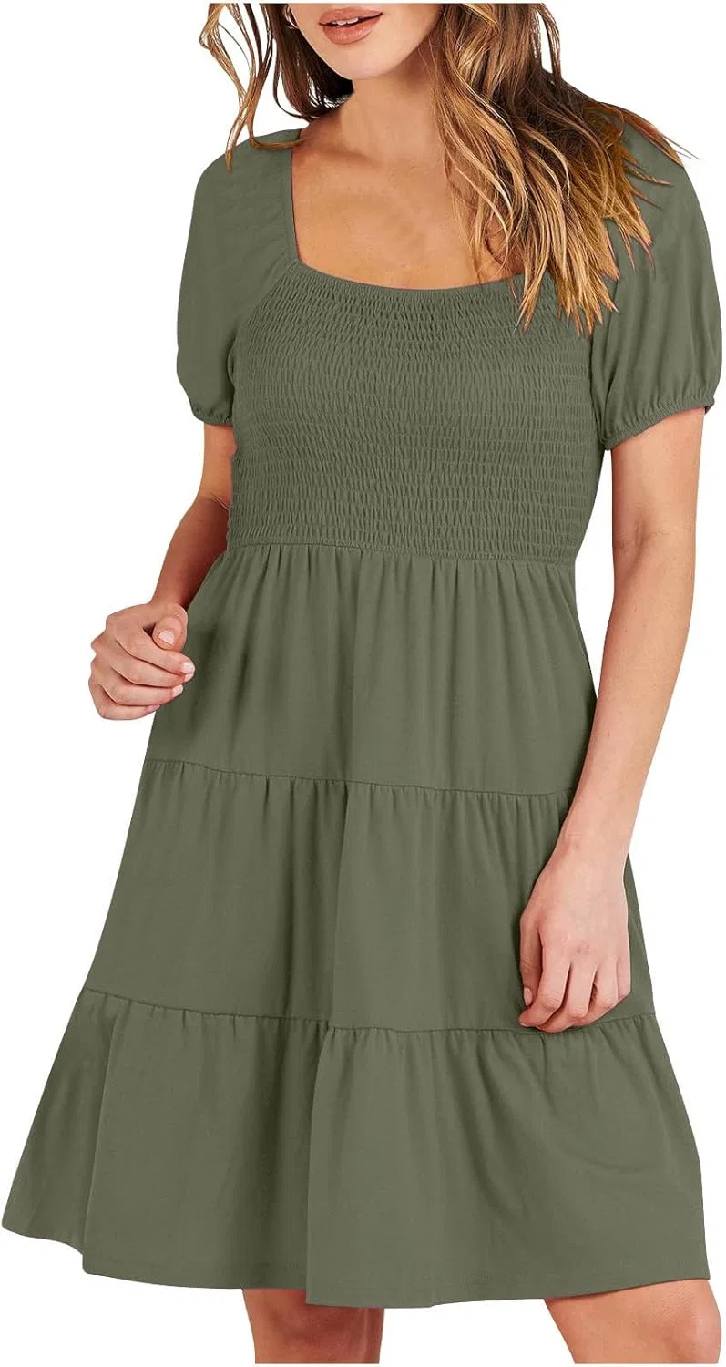 Женское платье с воланами и коротким рукавом Smocked Elastic Waist, Army Green