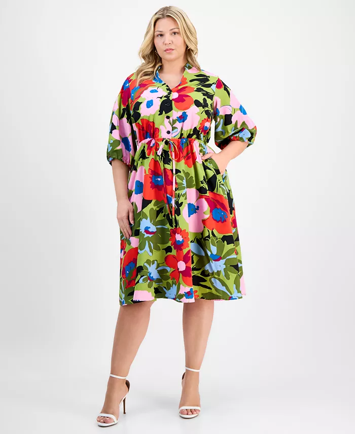 

Платье миди с принтом, 3/4 рукава и поясом на завязках, plus size Sandra Darren, зеленый