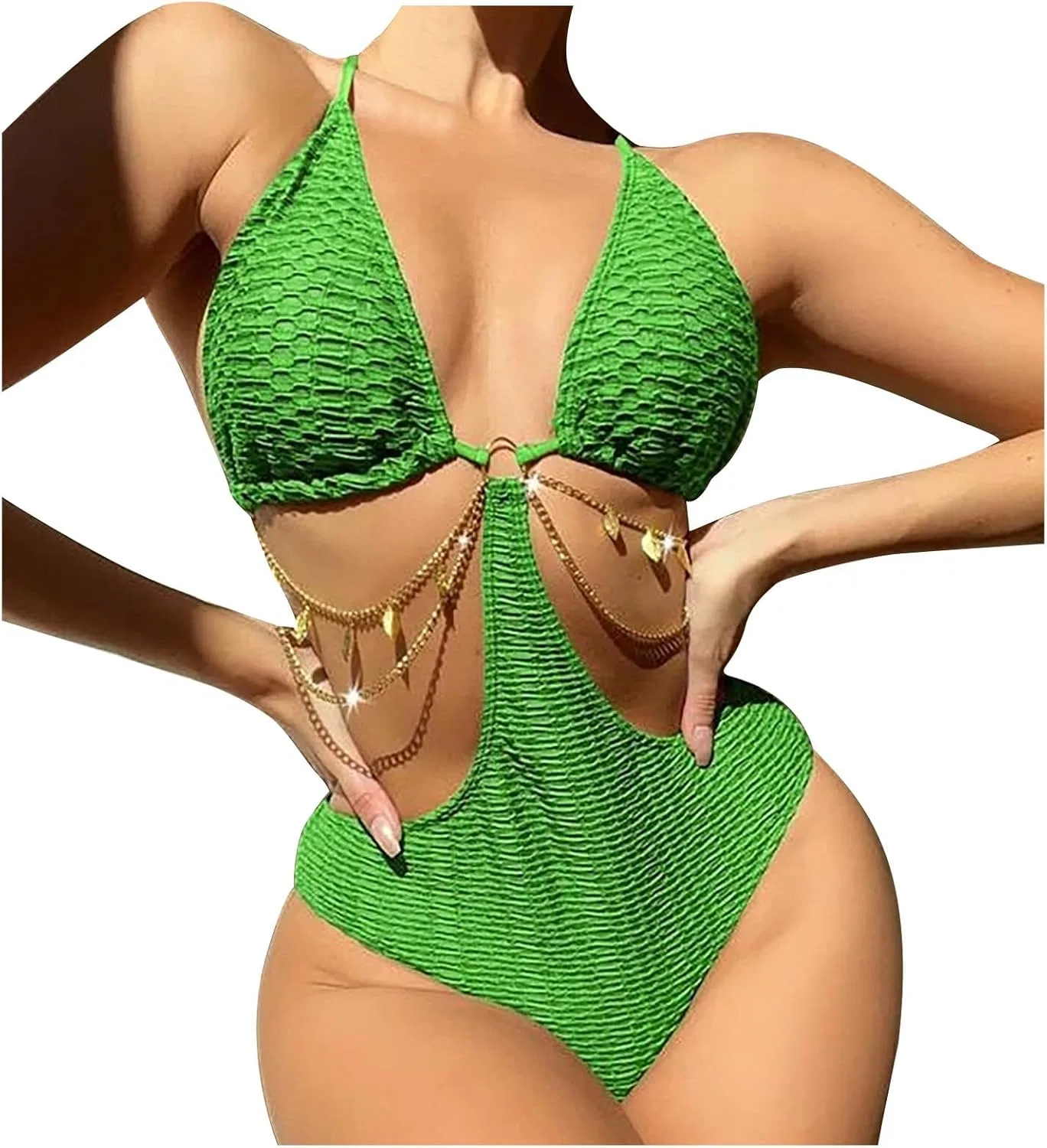 Женский цельнокроеный купальник с вырезами и кольцами, Green