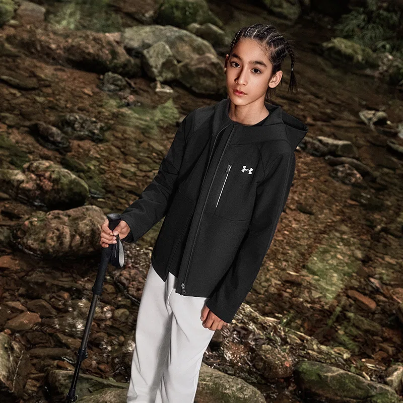 Детская куртка для школы с капюшоном, с длинным рукавом, утепленное, Under Armour, Black — фото 4