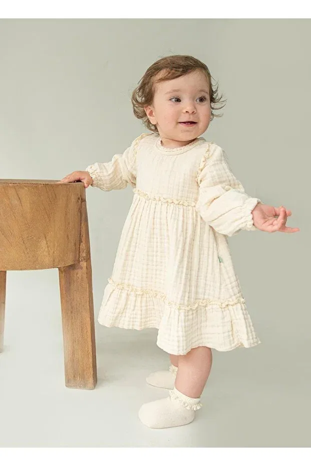 Детское платье для девочек хлопковое Organic 4 layer muslin dress natural Kitikate, Natural