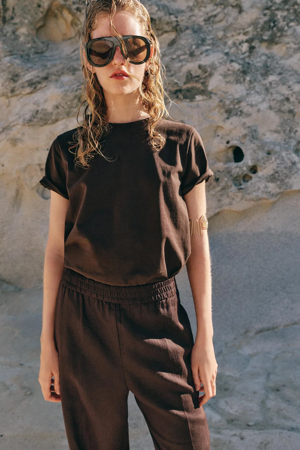 Прямые брюки из льна ZARA, Dark Brown — фото 3