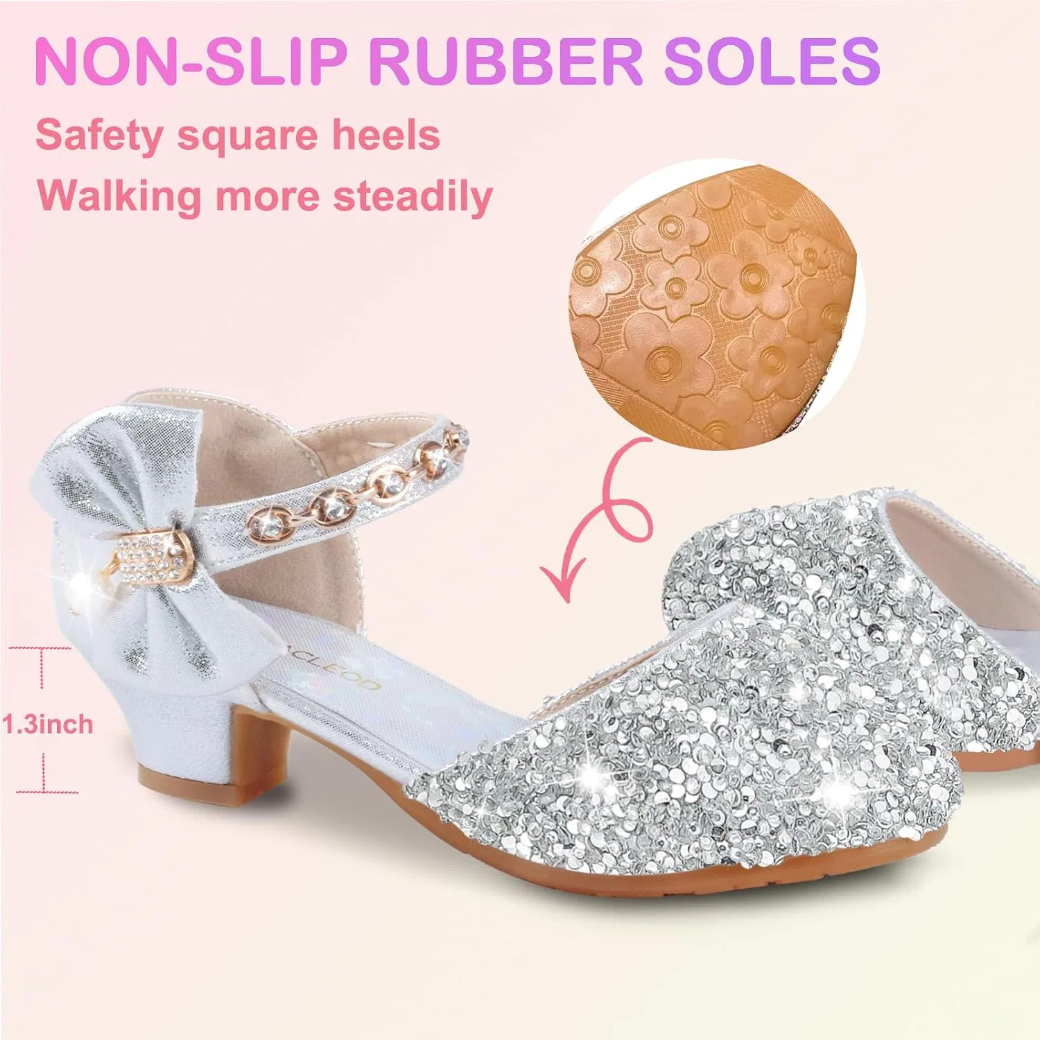 Детские туфли для девочек с принтом Mary Jane Flower Glitter ZGDG, Silver — фото 3