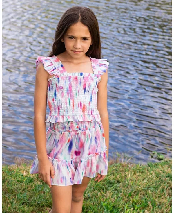 Детский комплект для девочек с принтом Kayla Printed Top And Skirt Set Change Of Scenery, Hazy Ikat Seafoam — фото 4