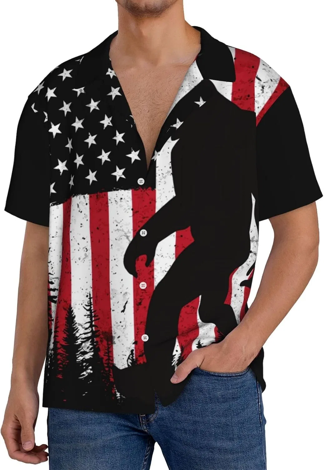 Мужская свободная рубашка с коротким рукавом и кубинским воротником Bigfoot Trees, Vintage Bigfoot America Flag