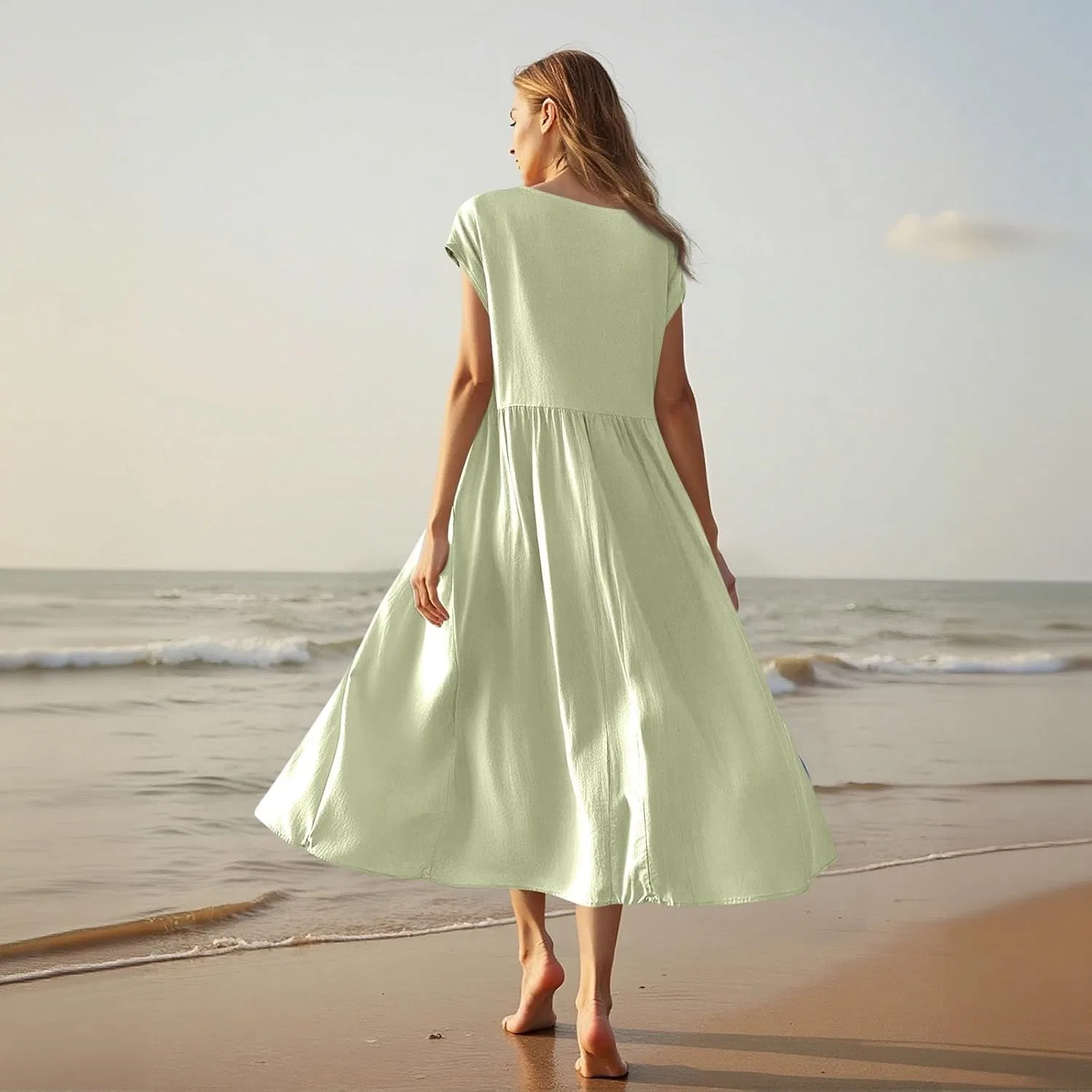 Женское повседневное платье миди из льна A-line, Light Green — фото 3