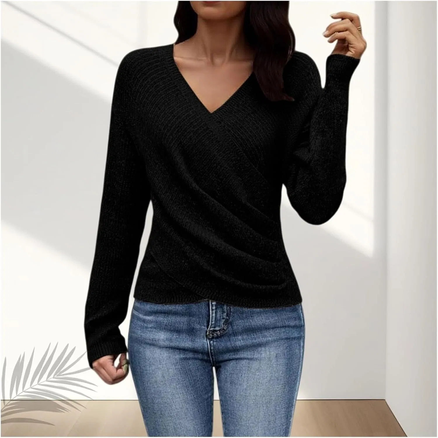 Женский свитер с запахом и рукавом реглан, модель Off Shoulder, чёрный — фото 4
