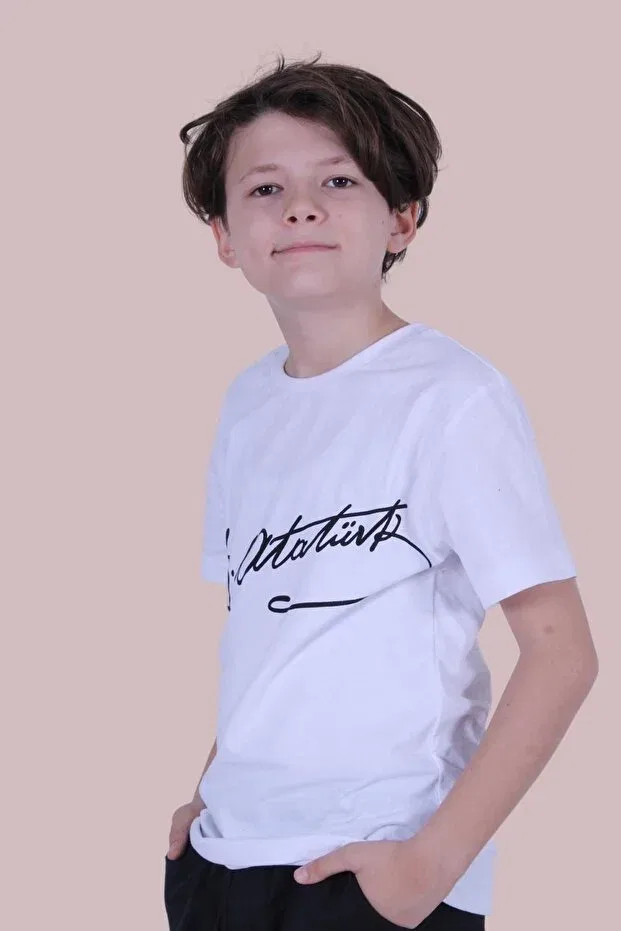Детская футболка с принтом Signed Ataturk Printed Unisexs T-Shirt Panio Kids, White - Black — фото 2