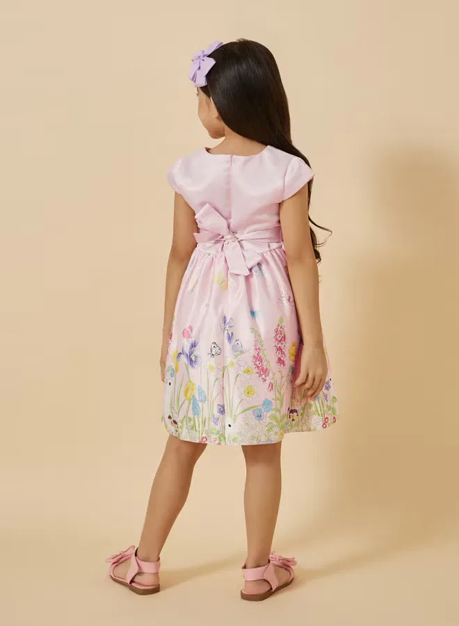 Платье с цветочным принтом и бантом Floral party dress Styli, светло-розовый — фото 4