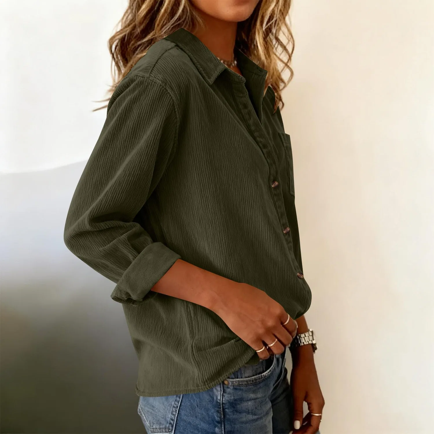 Женская куртка из вельвета в рубчик с длинным рукавом, модель Vintage Oversize, Verde militare 1 — фото 2