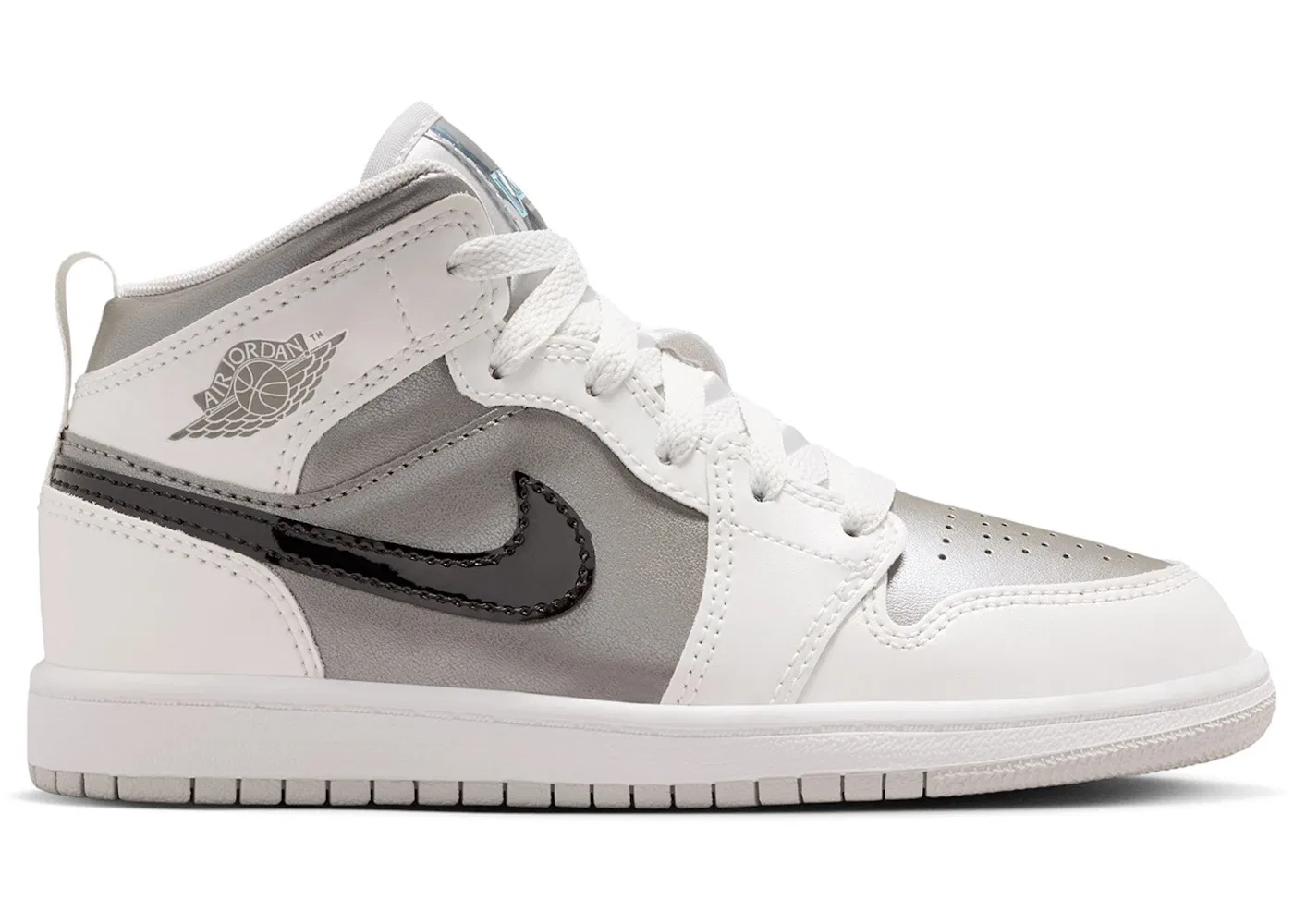 Детские кроссовки с модельным номером Jordan 1 Mid SE Inspired by the Greatest (PS) Jordan, Photon Dust/Flat Pewter/Black/Blue Chill