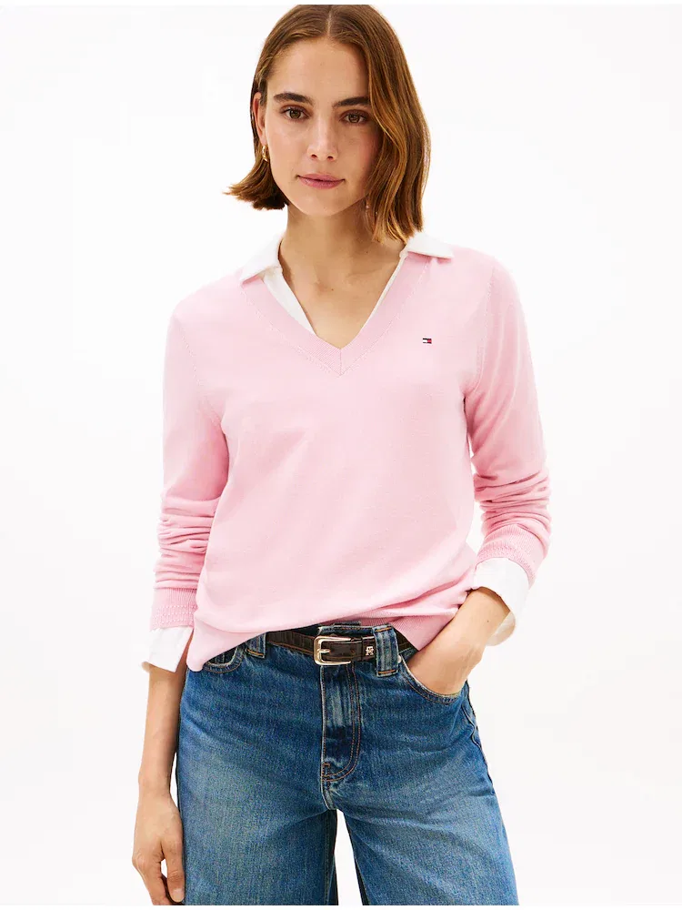 Свитер с V-образным вырезом, хлопковый TOMMY HILFIGER, Light Pink