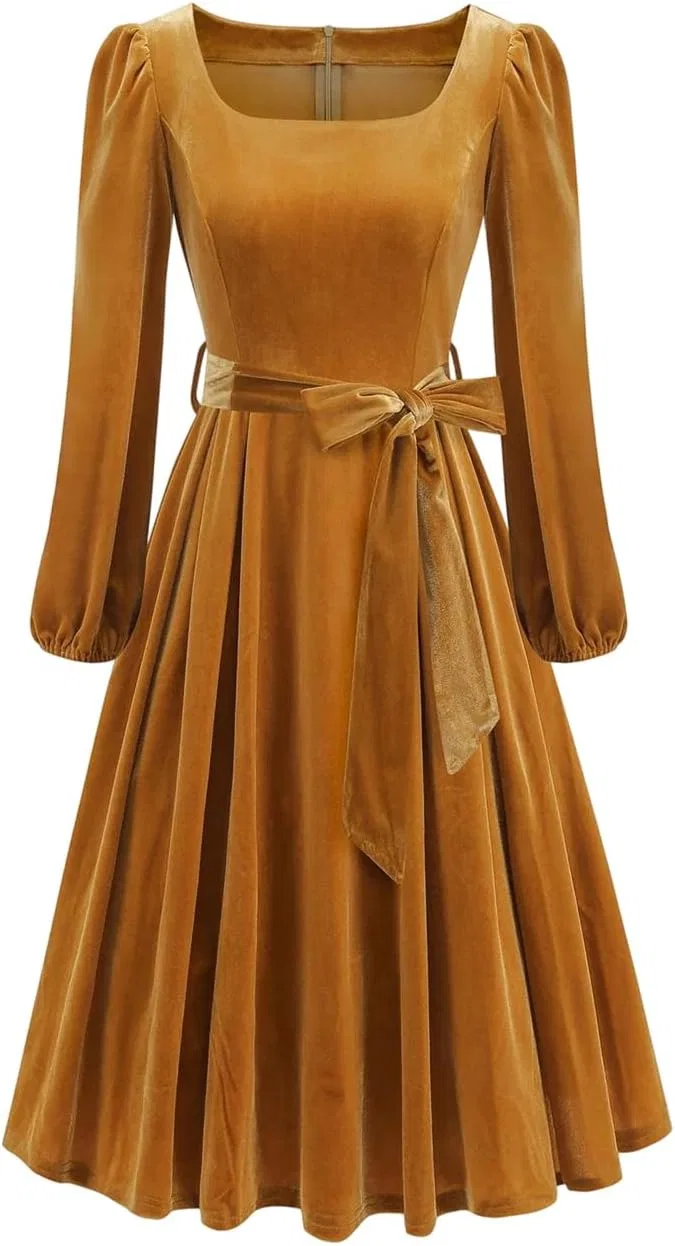Женское платье мини с квадратным вырезом и поясом Swing Dress, Yellow