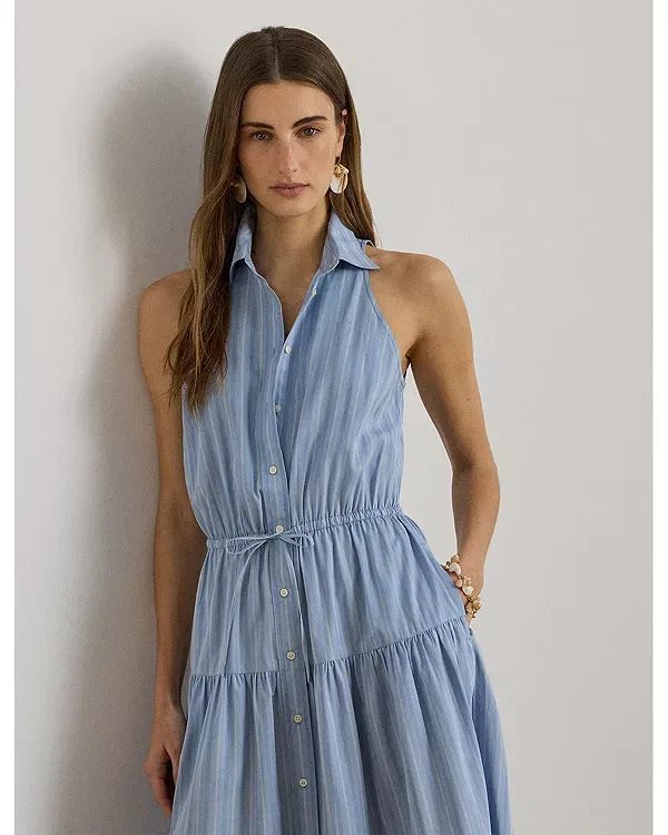 Женское платье-рубашка с полосками из хлопка A-силуэта Ralph Lauren, Blue/White — фото 2