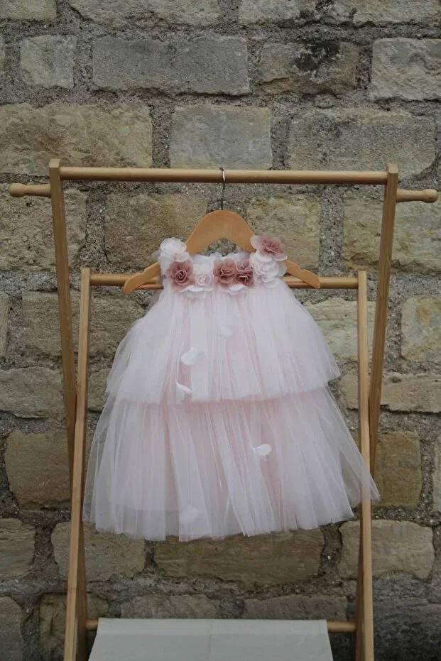 Детское платье для девочек с цветочным принтом Juliette Floral Detailed Tulle Dress Liv Olivia Kids, Ecru